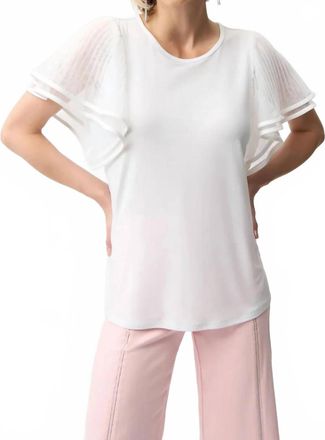Joseph Ribkoff Crew Neck Pleated Mesh Flutter Sleeves Top In Vanilla