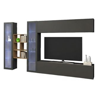 Dmora Pared Equipada Dcaprin, Conjunto De Sal&oacute;n Mueble Tv Con 4 Puertas, Mueble De Sal&oacute;n Polivalente, 100% Made In Italy, Cm 280x30h180, Antracita Y Arce - 