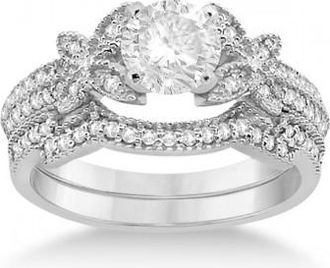 Allurez Butterfly Milgrain Diamond Ring & Wedding Band 14K White Gold (0.40ct)