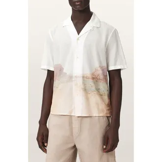 AllSaints Monument Mountainscape Print Slub Cotton Camp Shirt in Tern White at Nordstrom, Size Xx-Large