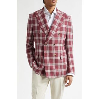Isaia Delave Plaid Linen & Wool Sport Coat in Dark Red at Nordstrom, Size 42 Us