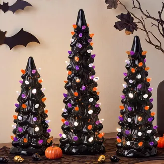 Best Choice Products 3Pc Ceramic Halloween Trees, Pre-Lit Hand Painted Pencil Tabletop Holiday Decoration LEDs