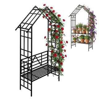 Relaxdays Relaxdays Arco Para Rosas Con Banco O Estante Para Plantas, Jard&iacute;n/entrada, 247 X 150 X 43 Cm, Hierro, Negro