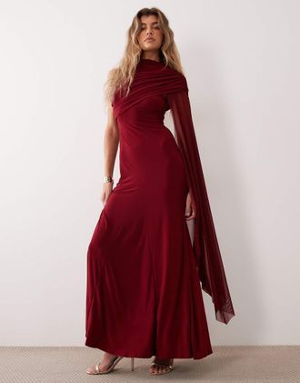 Asos vestito lungo con sovrapposizione in rete, mantella e godet, bordeaux-Rosso