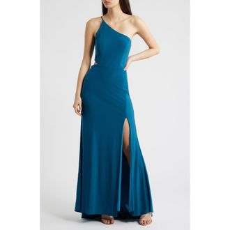 Jump Apparel One-Shoulder Side Cutout Gown in Teal at Nordstrom, Size 11