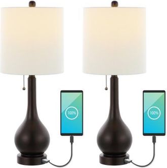 Jonathan Y Designs Tyler 24 Modern Classic Gourd Iron LED Table Lamp with Pull-Chain with Dual USB Charging Port in Oil Rubbed Bronze at Nordstrom