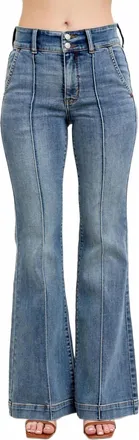 Judy Blue High Waist Double Button Trouser Flare Jeans In Medium Blue