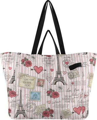 Generic Paris Stripe Pink pattern Reusable Canvas Tote Bag, Heavy Duty Grocery Shopping Bag with Hard Bottom Double Handles Large Capacity Work Groceries Trav