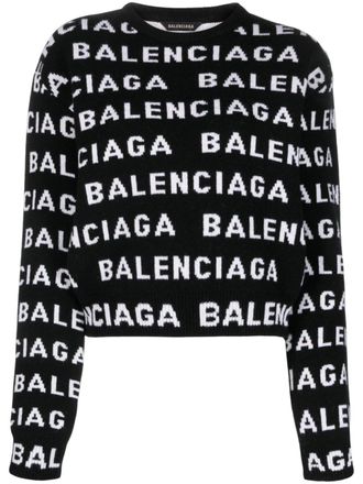 Balenciaga Allover Logo Wolle beschnittener Pullover
