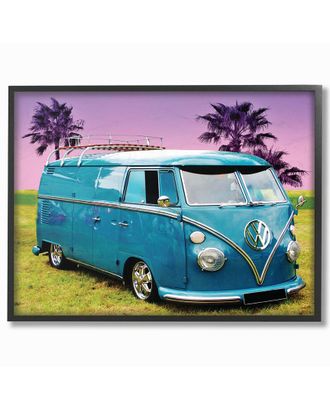 Stupell Industries Vintage 70S Blue Vw Bus With Purple Palm Trees By Daphne Polselli Framed Art