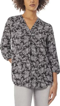 Jones New York Kelly Top Women Black Paisley 34-Sleeve V-Neck Blouse FTS1268