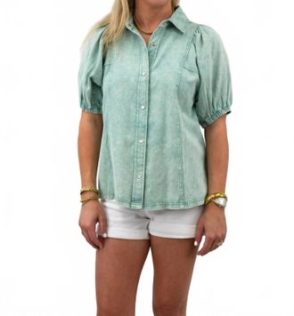 Entro Denim Collared Button Down Top In Mint