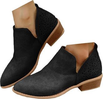 Generic Womens Ankle Boots & Booties,V Cutout Pointed Toe Chunky Stacked Heel Ankle Boots Slip On Vintage Faux Leather Arch Support Shoes Fashion Low Heel Pul