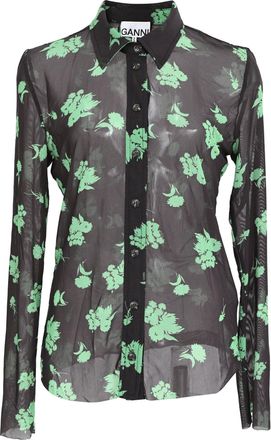 Ganni Ganni Printed Button-Down Mesh Shirt in Black Polyamide