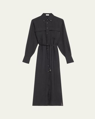Brunello Cucinelli Long Wool Gauze Shirt Jacket Dress with Waist Tie