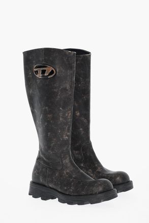 Diesel Stivali D-HAMMER in Pelle Effetto Acid Wash con Suola Chunky 5cm Diesel