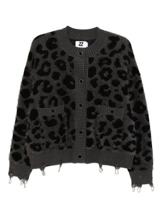 Izzue distressed leopard-intarsia cardigan - women - Wool/Acrylic/Nylon - S - Grey