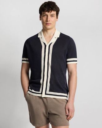 Onia Linen Knit Camp Short Sleeve Shirt in Midnight/egret at Nordstrom, Size X-Large