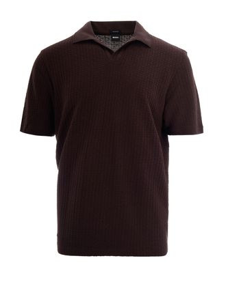 BOSS Geometric Jacquard Polo with Johnny Collar in Dark Brown