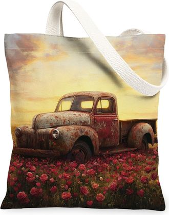 Generic Vintage Truck Canvas Tote Bag, Rustic Floral Design Reusable Grocery Bags, Lightweight Washable Shoulder Strap Canvas Bags for Travel, Beach, Picnic 1