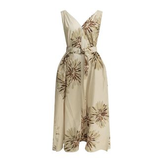 Brunello Cucinelli Abito Midi con Stampa Floreale- Scollo a V e Cintura - - Dresses - Donna - Beige - L