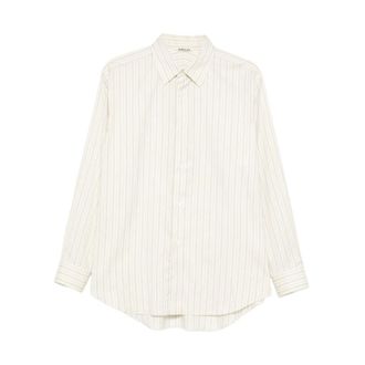 Auralee Casual Shirts, male, Beige, Size: 2XL Cotton Silk Stripe Shirt