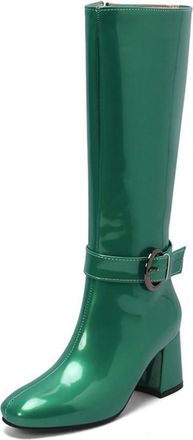 Generic Womens Patent Leather Knee High Riding Boots with Buckle Strap & Chunky Block Heel for Office & Everyday,Green,7.5 UK