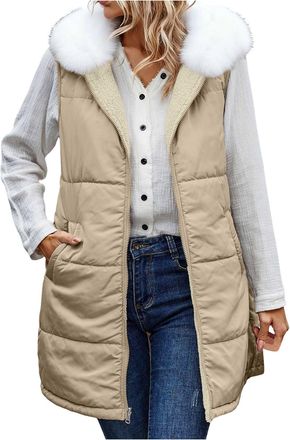Generic Fleece Lined Gilet For Women Uk Faux Fur Hood Long Puffer Vest Quilted Padded Outdoor Jackets Ladies Sleeveless Lightweight Coat Open Front Cardigan Z
