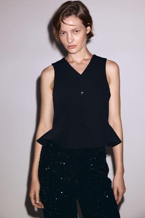 H&M V-neck Peplum Waistcoat in Black at Nordstrom, Size Xx-Large