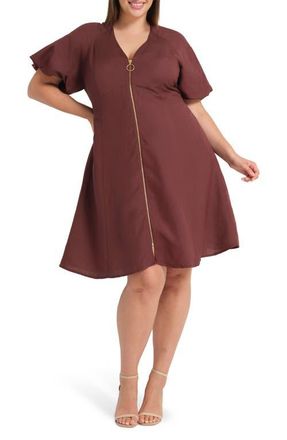 Estelle Heather Front Zip Puff Sleeve Dress in Aubergine at Nordstrom, Size 18W