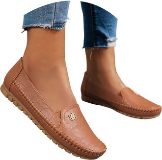 Generic Flat Shoes for Women Stylish Orthopedic Leather Shoes Ballet Flat Comfortable Women Lightweight Loafers for Daily Wear Beach Travel (Brown, 5.5)