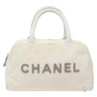 Chanel Vintage Logo Bowler Quilted Canvas White Canvas Handbag (Pre-Owned)