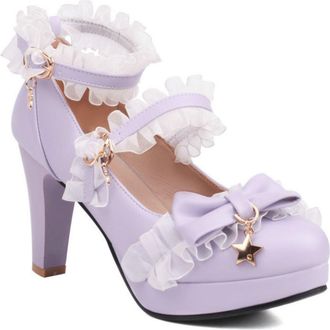 Generic Womens Lolita Style Block Heel Pumps - Bow & Star Charm Double Ankle Strap Lace Party Shoes,Purple,6.5 UK