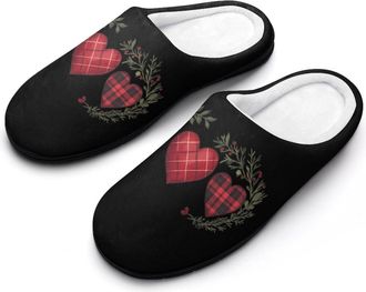 Generic Buffalo Plaid Hearts Valentines Day Mens House Slippers Memory Foam Washable Cotton Slip on Home Shoes