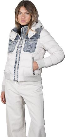 Moorer Womens White Puffer Jacket With Denim Accents, Size 42