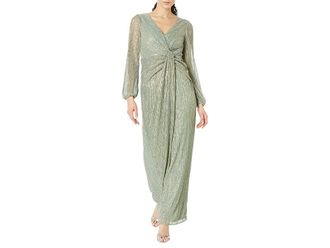 Adrianna Papell Long Sleeve Crinkle Metallic Gown with Draped Waist Detail Womens Dress Green Slate : 2, Polyester