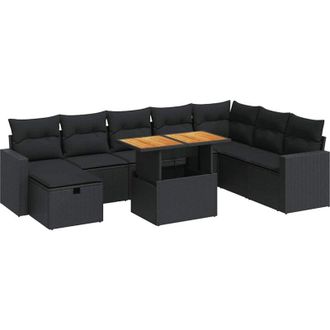 vidaXL Set Sof&aacute;s Jard&iacute;n Y Cojines 9 Pzas Rat&aacute;n Sint&eacute;tico Acacia Negro