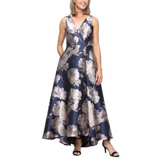 S.L. Fashions Floral Sleeveless Jacquard Gown in Navy/Taupe at Nordstrom, Size 16