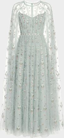 Mac Duggal Embroidered Cape-Sleeve Mesh Gown