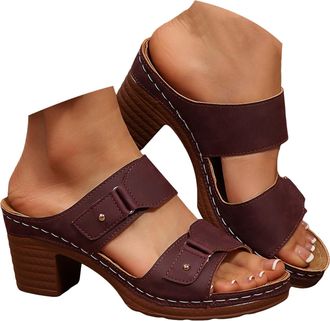 Generic Women Chunky Block Heel Sandals, High Heel Slide Sandals Summer Dressy Open Toe Ankle Strap Chunky Heels Slippers Elegant Slip on with Buckle