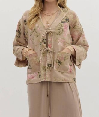 Entro Floral Bow Tied Denim Jacket In Mocha