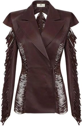 Elisabetta Franchi Jassen, Dames, Bruin, S, Leer, Double-breasted Nappa Leren Jas