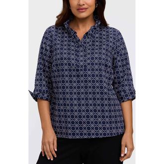 Foxcroft Tammy Cotton Ruffle Collar Top in Navy Blue/White at Nordstrom, Size 1 X