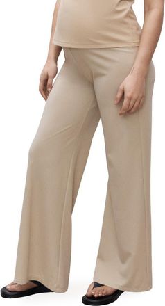 Mango Fine Knit Wide Leg Maternity Pants in Sand at Nordstrom, Size Large