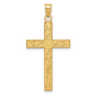 Diamond2Deal 14k Yellow Gold Etched Floral Cross Pendant