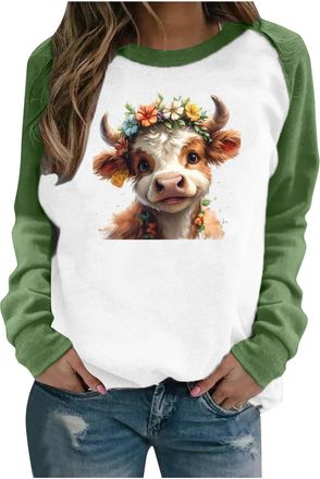 Generic Womens Sweatshirts Cute Highland Cow Print Long Sleeve T Shirts Women UK Sale Clearance Funny Graphic Pullover Crew Neck Loose Sweater Patchwork Tees 