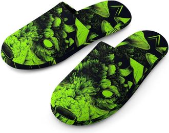 Generic Wolf Glowing Neon Mushrooms Mens House Slippers Slip Indoor Slipper On Shoes Warm Outdoor