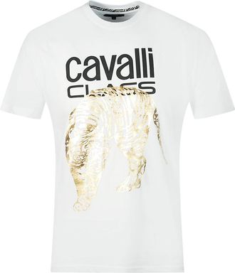 Cavalli Grote Gouden Tijger Sjabloon Logo Witte T-shirt