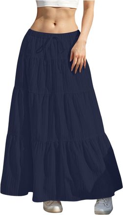 Generic Women Flowy Flared Ruffle Boho Long Skirt Elastic Waist A-Line Summer Maxi Beach Skirt Elegant Festival Summer Full Length Swing Ruched Ruffled Skirts