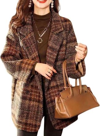 Generic Womens Spring and Fall Retro Fashion Plaid Double-Breasted Tweed Blazer Elegant Lapel Business Casual Lightweight Formal Blazer (Coffee,XL)